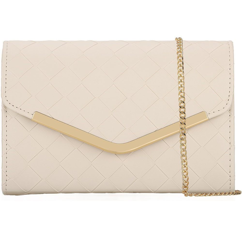 Beige Faux Leather Woven Clutch for Wedding & Evening Looks